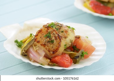 Seared Scallops With Grainy Mustard And Tarragon Dressing On Bed Of Marinated Vegetables
