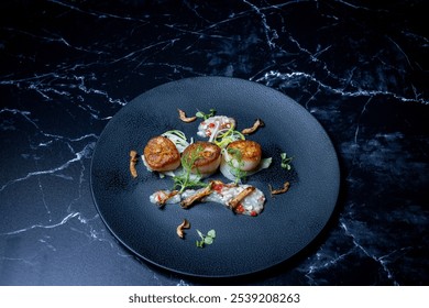 Seared Scallops on a bed of sautéed fennel  with wild mushroom and  fennel puree - Powered by Shutterstock