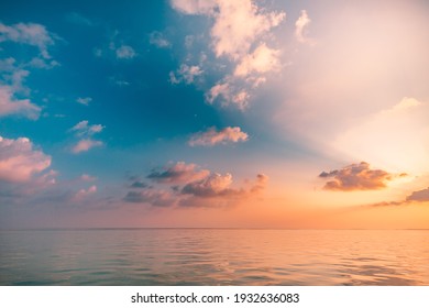 Seascape beach and colorful dream summer sky. Panoramic beach landscape. Empty ocean view, horizon seascape. Orange and golden sunset sky, sun rays, calmness, tranquil relaxing sunlight, summer mood - Powered by Shutterstock