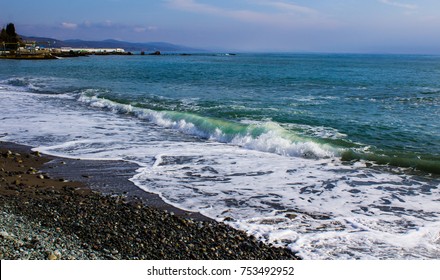 Seascape. The Coast Of The Crimea. The City Of Alushta. Beach In Winter.