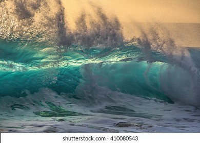 Seascape design marine background template. Beautiful Ocean Sunset Breaking Wave with nobody. Big colorful surfing shorebreak.