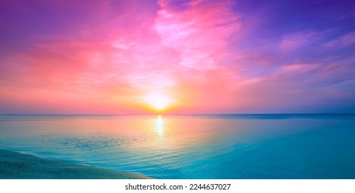 Seascape in the early morning. Beautiful rose sunrise over the sea. Horizontal banner