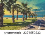 Seascape Embankment with palm trees. Promenade with palm trees. Netanya. Israel