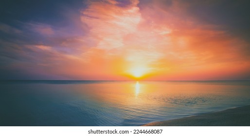 Seascape in the evening, beautiful dramatic sunset over sea. Horizontal banner