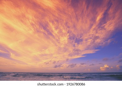 Seascape in the evening. Sunset over the sea with beautiful dramatic blazing sky