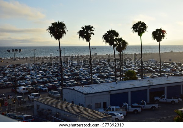 Seascape Horizon and Packed Car Park\
in Santa Monica Beach in California with Coconut\
Trees