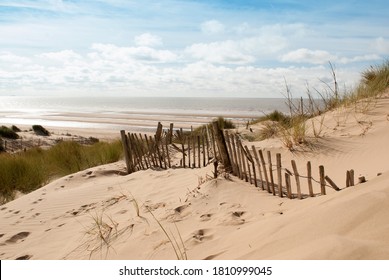 seascape image of three rows of broken fences leading up a sand dune
