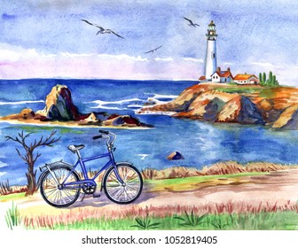 Seascape with a lighthouse and a bicycle, watercolor painting.
