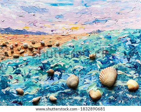 Seascape mix media painting sunset and seashells. Hand drawn landscape