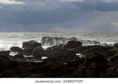 Seascape. Northern portuguese rocky coast before rain and storm.