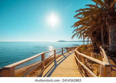 Seascape on a sunny day with clear blue sky. Palm trees on the beach. A winding wooden platform on the beach.  