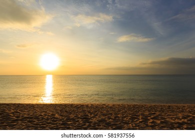 Seascape on Sunset of Mai Khao Phuket, Thailand Beach Under Beautiful Cloud Sky. Set as Blank Frame for Text.
