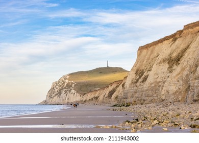 Seascape of the opal coast of Cap Blanc Nez, showing the Monument at Cape white Nose France on top of the chalk cliffs. High quality photo