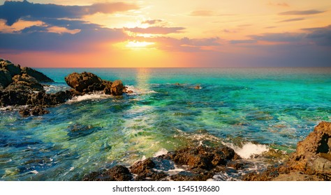 Seascape Panorama Of Rocks In The Sea At Sunset. Thailand, Maiton Island