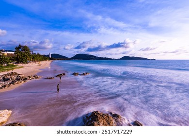 Seascape of rocks in long exposure,Waves crashing on seashore in Sunset or sunrise over sea surface nature for background - Powered by Shutterstock