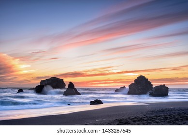 Seascape of Sonama coast at Sunset, long exposure, California