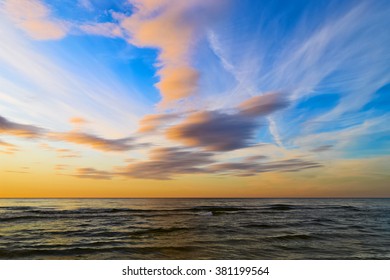 Seascape With Stratus Cloud Formation At Sunset Over The Baltic Sea. Gdansk Bay, Pomerania, Poland.