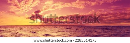 Seascape at sunset. Pink sunset over the sea. Beautiful beach in the evening. Horizontal banner