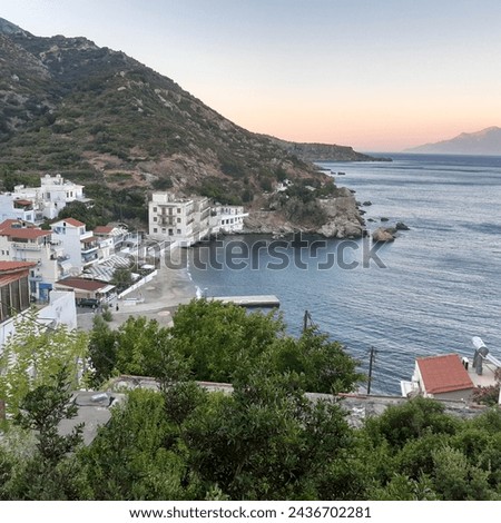 Seascape of Therma village mineral spa holiday thermal town, Ikaria island, Greece, Greece, Europe, Greek island in the Aegean Sea, North Aegean