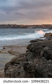 Seascape View Of Cliffs And Waves At Sunset. Sydney Eastern Suburbs. Australia