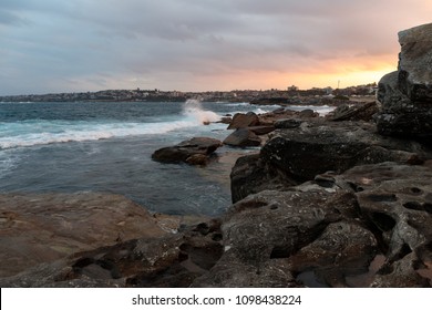 Seascape View Of Cliffs And Waves At Sunset. Sydney Eastern Suburbs. Australia