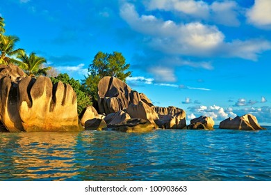 Seascape view with a huge stones, Seychelles, La Digue island