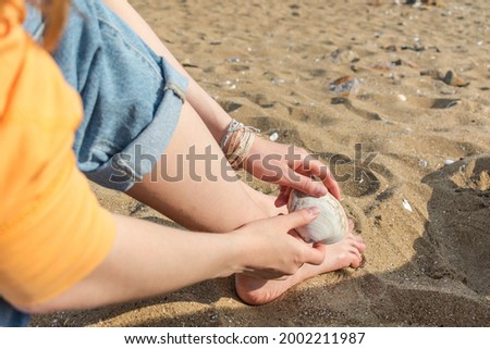 Seashell in the hands of a girl on the beach