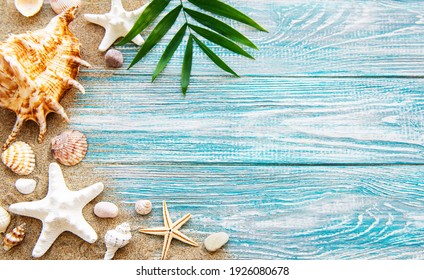 Seashells On Sand. Sea Summer Vacation Background With Space For The Text. Top View