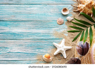 Seashells on sand. Sea summer vacation background with space for the text. Top view - Powered by Shutterstock