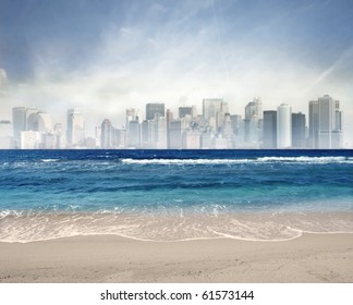 Seaside with cityscape on the background