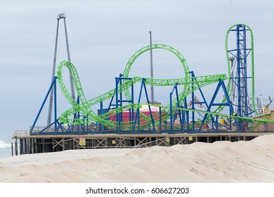 SEASIDE HEIGHTS, NEW JERSEY - March 21, 2017: The Hydrus Roller Coaster Is Being Tested And Constructed On Casino Pier