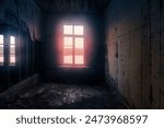 The seaside house has long been abandoned. Window overlooks to sea of Arctic Ocean