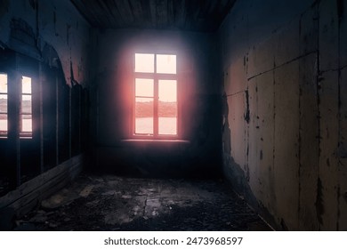 The seaside house has long been abandoned. Window overlooks to sea of Arctic Ocean - Powered by Shutterstock