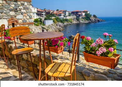 Seaside landscape - view from the cafe on the embankment in the town of Sozopol on the Black Sea coast in Bulgaria