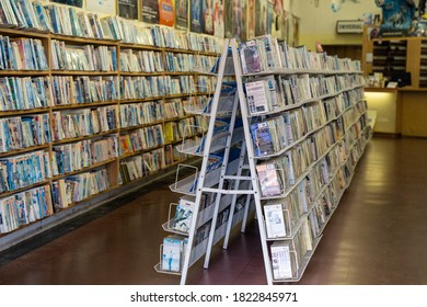 Seaside, Oregon - July 31, 2020: Interior Of A Video Rental Store, Renting DVD And VHS Movies