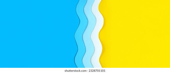Seaside summer long banner with place for text. Paper cut blue waves on left and yellow beach sand on right. Relaxation and fun on sea resort vacation. The ocean coast background, divided in half.