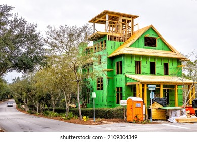 Seaside, USA - January 12, 2021: Residential Street Road In Watercolor Neighborhood In Seaside, Florida Santa Rosa Beach Town In Winter With New Construction Site House