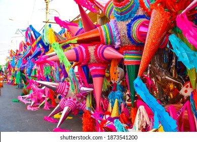 Piñatas season in a Mexican market, mercado jamaica in Mexico city