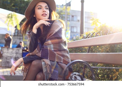 Season And People Concept - Autumn Portrait Of Happy Girl. Outdoor Beauty Portrait Woman, Fashion Model, Pretty Girl, Street Style