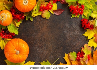 Seasonal background. Autumn composition with autumn maple leaves, pumpkin, nuts and berries on a slate background. Top view flat lay background with copy space. - Powered by Shutterstock