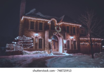 Seasonal Christmas House Lights Decoration, Outdoor Blurred Defocused View. Xmas Showcase