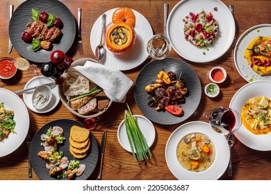 Seasonal Dishes Of Autumn Vegetables With Pumpkin And Mushrooms. Sturgeon Ear, Vinaigrette With Chanterelle Mushrooms, Mackerel And Herring Fillet With Cornbread Toast And Mushrooms, Pumpkin Soup With