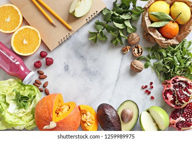 Seasonal Healthy Plant Based Food Cooking Ingredients. Meals Variete For Vegetarian, Clean Eating, Keto And Super Food Concepts. Overhead View, Copy Space