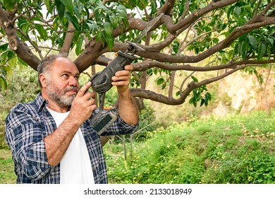 Seasonal pruning of trees. Mature bearded gardener pruning  trees with reciprocating saw in the orchard. Taking care of garden. Cutting tree branch. Spring gardening. - Shutterstock ID 2133018949