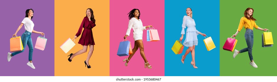 Seasonal Shopping Concept. Full Body Length Collage Of Diverse Multicultural Female Consumers Walking And Jumping High With Shopping Bags From Mall, Isolated Over Colorful Studio Backgrounds, Panorama