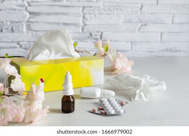 Seasonal Spring Allergy Treatment Concept. Pills And Drops For Allergy Cure.