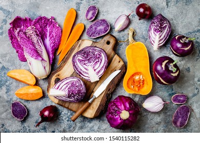 Seasonal Winter Autumn Fall Vegetables Over Gray Stone Background. Plant Based Vegan Or Vegetarian Cooking Concept. Clean Eating Food, Alkaline Diet