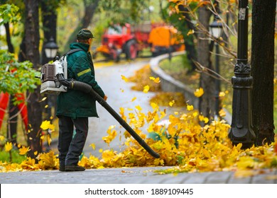 Seasonal work by city utilities in the park. A worker with a motorized backpack blower blows fallen leaves off a park path.