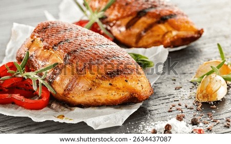 Seasoned pieces of grilled meat placed on a kitchen table surrounded by fresh ingredients, vegetables and herbs. Healthy eating, home cooking, food blogs and conscious food preparation concept.