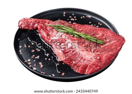Seasoned raw tri-tip beef meat steak on plate. Isolated on white background. Top view